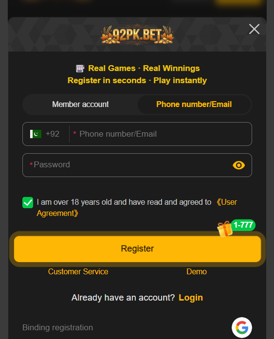 92PK Bet App Registeration